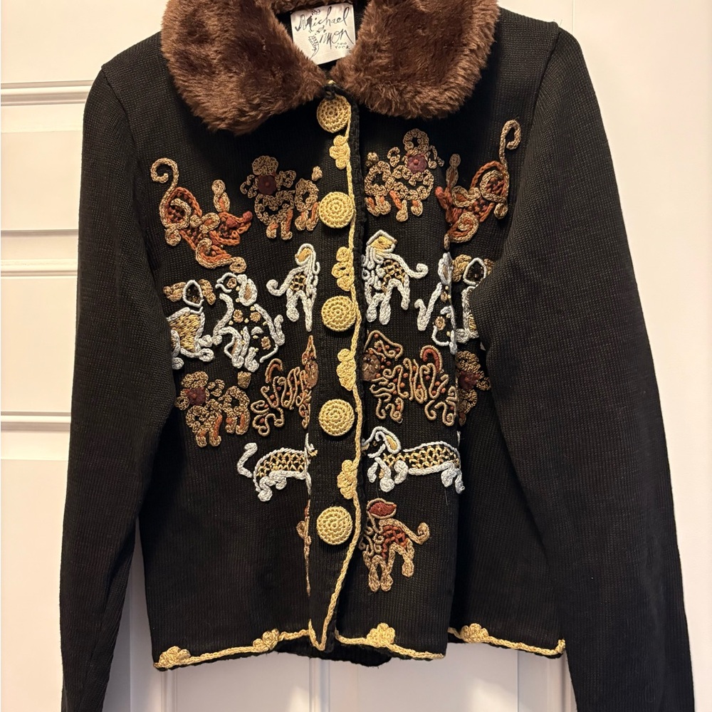 Michael Simon Black Dog / Puppy Sweater w Faux fur collar -90s